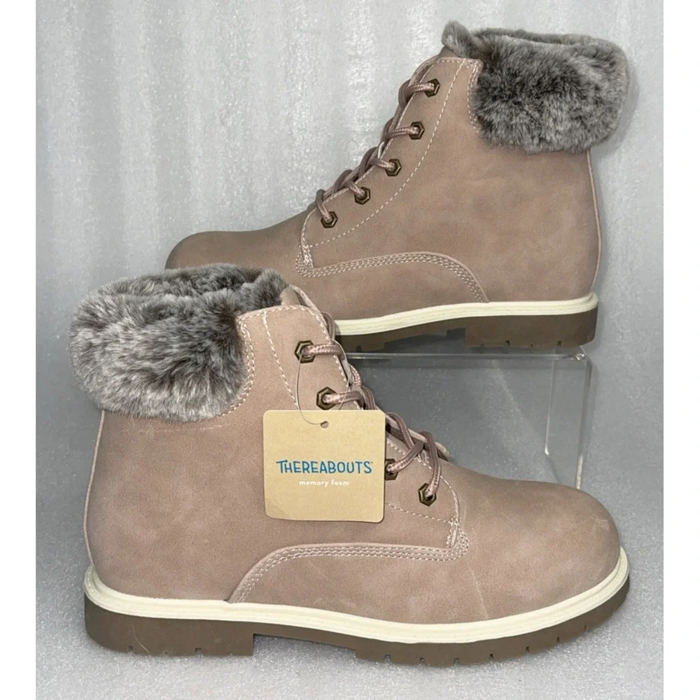Thereabouts London Hiking Combat Boots Pink w/ Fur Lace Up Big Girls Size 5‎ NEW